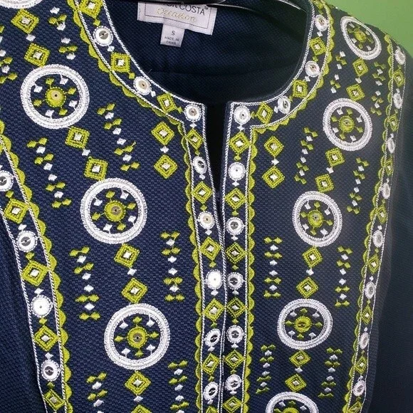 Victor Costa Womans Navy Blue Cotton Green Geometric Embroidered Jacket size sm - Picture 5 of 11